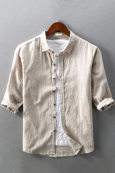 Casual Men Linen Shirt Solid Color Button-up Shirt Half-sleeved Turn-down Collar