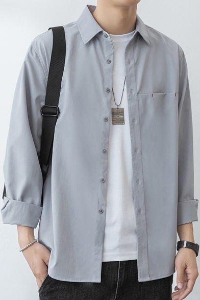 Casual Men's Shirt Solid Color Front Pocket Decorated Long-Sleeved Point Collar Button up Relaxed Fitted Shirt Top