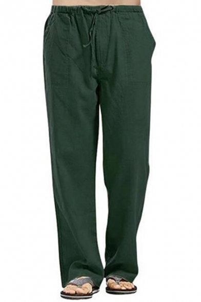 Casual Wide Leg Pants Solid Color Elastic Waist Mid-Rise Pocket Detailed Loose Pants for Men