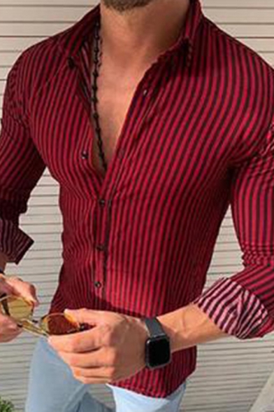 Chic Shirt Stripe Printed Long Sleeve Spread Collar Button-up Fitted Shirt for Men