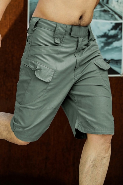 Cool Men's Shorts Solid Color Flap Pocket Zip Fly Mid Waist Regular Fitted Cargo Shorts