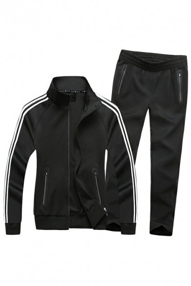 Cool Mens Co-ords Stripe Print Zip-up Pockets Long Sleeves Zipper Sweatshirt & Regular Fit Pants Co-ords