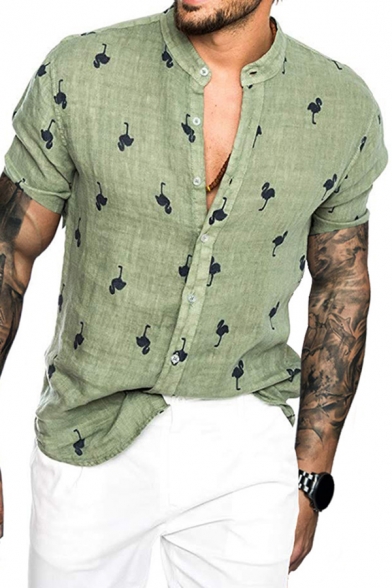 Cool Mens Shirt Linen and Cotton All over Flamingo Printed Short Sleeve Collarless Button Up Slim Shirt