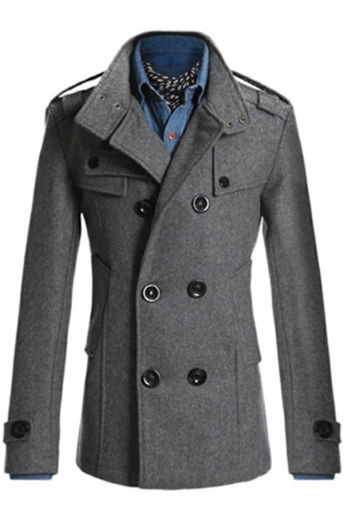 Cool Mens Trench Coat Solid Color Double Breasted Long Sleeve Stand Collar Slim Fit Trench Coat