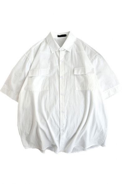 Cool Shirt Plain Flap Front Pockets Button-down Half Sleeves Point Collar Loose Shirt for Men