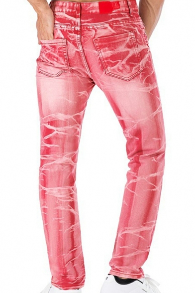 Creative Jeans Tie Dye Print Zip Fly Mid Waist Casual Denim Pants with Pockets