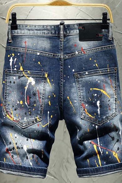 Dashing Men's Jeans Colored Spray Paint Mid-Rise Zip-Fly Slim Fit Denim Shorts