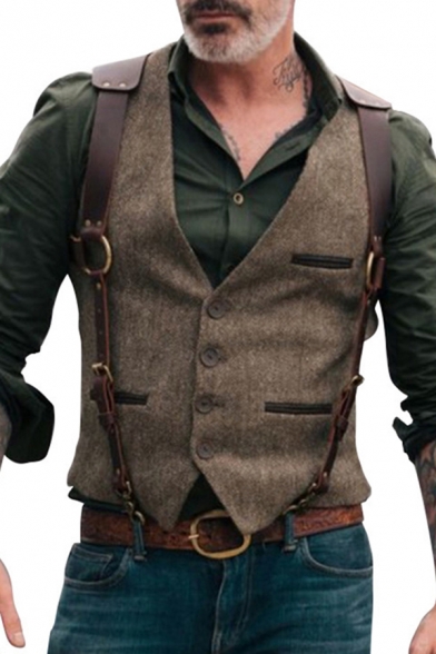 Dashing Mens Waistcoat Solid Color V-Neck Chest Pockets Single-Breasted Fitted Vest