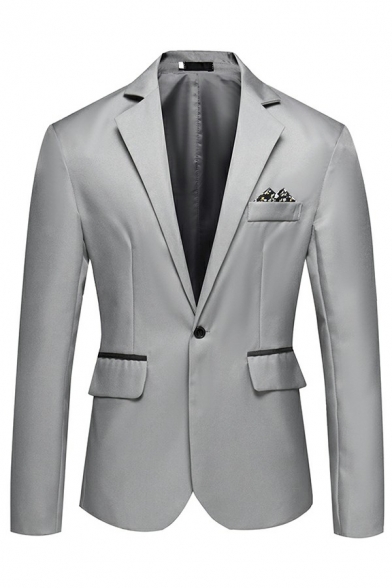 Elegant Solid Color Suit Notch Collar One Button Long-Sleeves Straight Cut Men's Suit Jacket with Flap Pockets