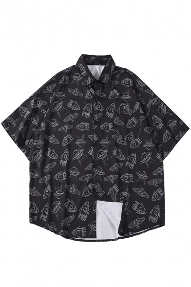 Fancy Men's Shirt All over Rocket Print Half Sleeves Point Collar Button Closure Loose Fitted Shirt Top