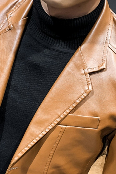 Fashionable Mens Jacket Notched Collar Pocket Detail Long-Sleeved Button-up Slim PU Jacket