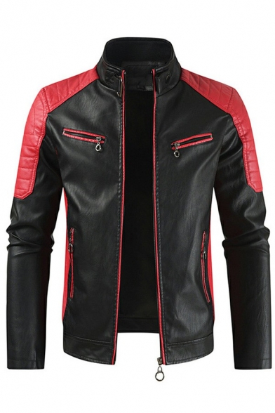 Men Cool Leather Jacket Color Block PU Stand Collar Zip Fly Pocket Detailed Regular Fit Leather Jacket