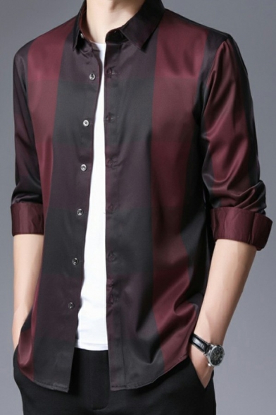 Men Elegant Shirt Striped Printed Point Collar Button up Long Sleeves Slim Fitted Shirt