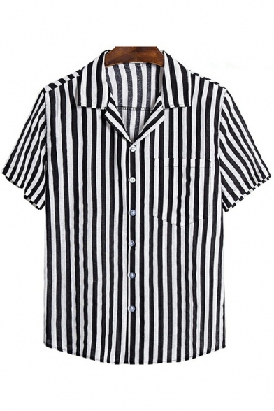 Men Modern Shirt Stripe Printed Chest Pocket Short Sleeve Spread Collar Button Closure Regular Shirt Top