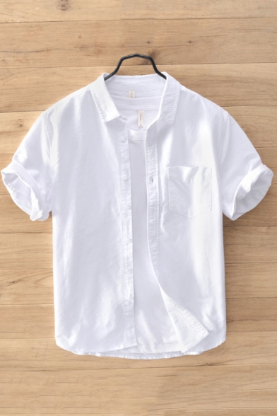 Men Simple Shirt Solid Color Button Detailed Turn-down Collar Front Pocket Short-sleeved Regular Shirt