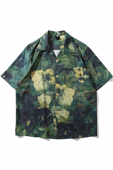 Men Stylish Shirt Oil Painting Pattern Chest Pocket Short Sleeve Spread Collar Button Up Loose Shirt Top in Green