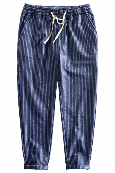 Mens Casual Pants Stripe Printed Drawstring Waist Ankle Length Tapered Pants