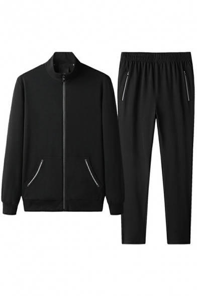 Mens Sporty Co-ords Plain Zipper Closure Stand Collar Long Sleeve Sweatshirt & Long Pants Fitted Co-ords
