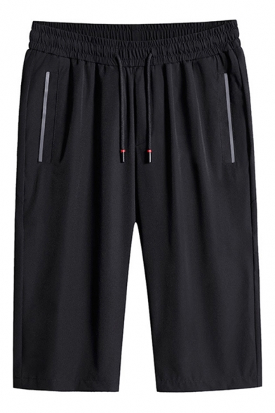 Modern Jogger Shorts Pure Color Zipped Pockets Drawstring Waist Knee Length Slim Shorts for Men