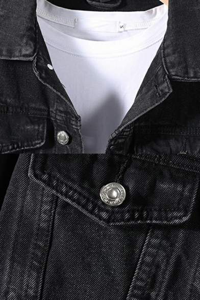 Popular Black Jacket Bleach Plain Button up Flap Pockets Long Sleeve Spread Collar Fit Denim Jacket for Boys
