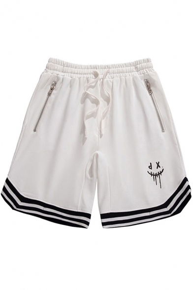 Sporty Shorts Stripe Print Logo Drawstrings Zipper Detail Relaxed Basketball Shorts for Men
