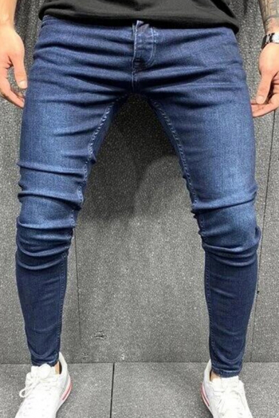 Urban Men Jeans Pure Color Distressed Zip Closure Stretch Denim Two-Pocket Styling Slim Fitted Jeans