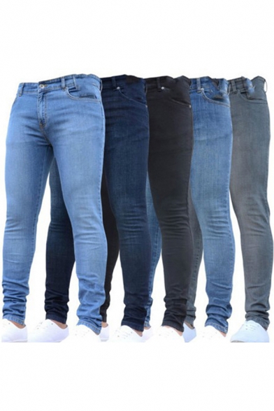 Vintage Jeans Faded Zip-Fly Two-Pocket Styling Stretch Denim Slim Jeans for Men