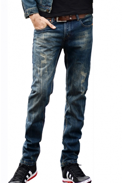 Vintage Jeans Solid Color Bleach Mid Rise Zip Closure Straight Jeans for Men