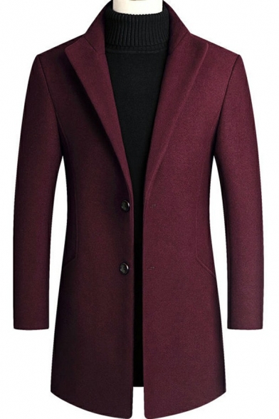 Vintage Men's Coat Plain Lapel Collar Pocket Detail Long Sleeve Single-Breasted Fitted Wool Coat