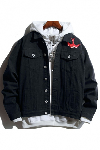 Boyish Denim Jacket Color Block Turn Down Collar Regular Fit Long Sleeve Button-down Jacket for Men
