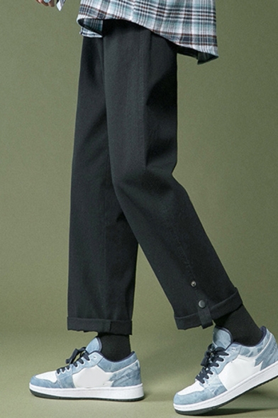 Boyish Pants Solid Color Pockets Ankle Button Decorated Loose Pants for Men