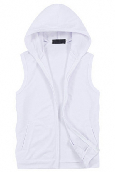 Casual Men's Hooded Vest Plain Front Pocket Zip-up Slim Fitted Vest