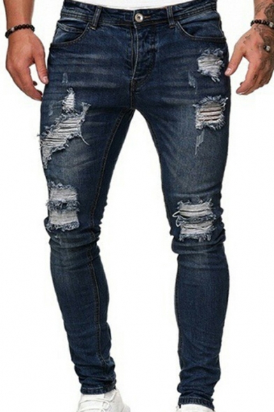 Casual Mens Jeans Mid Rise Pockets Distressed Zip Fly Full Length Skinny Jeans