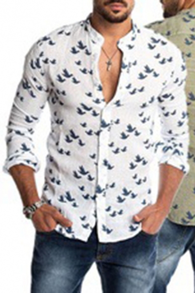 Casual Shirt Button up Bird-Print Long Sleeves Collarless Slim Shirt for Men