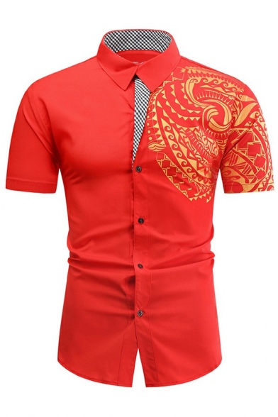 Chic Men's Shirt Totem Pattern Short Sleeve Point Collar Button-down Fitted Shirt