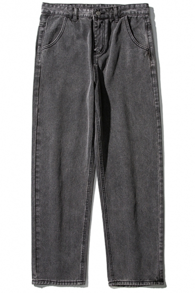 Dashing Jeans Plain Zip Closure Stretch Denim Two-Pocket Styling Deep-Washing Oversize Jeans for Men
