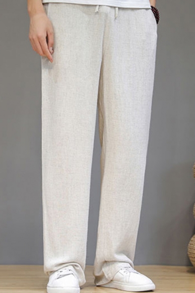 Elegant Men's Pants Solid Color Drawstrings Waist Side Pockets Straight Pants