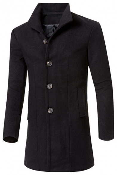 Elegant Mens Trench Coat Plain Single Breasted Long Sleeve Stand Collar Slim Trench Coat