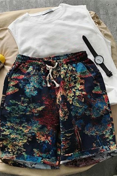 Fancy Men's Shorts Floral Print Drawstring Waist Over The Knee Pocket Detail Regular Fitted Shorts