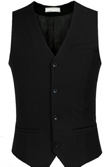 Formal Black Suit Vest Solid Color V Neck Single Breasted Sleeveless Slim Fit Vest for Men