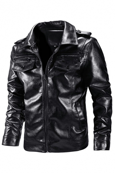 Guys Cool Moto Jacket Coat Solid Color Black Chest Pockets Zip-Fly Lapel Collar Long-Sleeved Fitted PU Coat