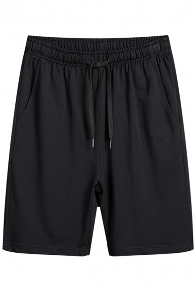 Leisure Shorts Solid Color Drawstring Waist Mid-Rise Loose Fit Sweat Shorts for Men