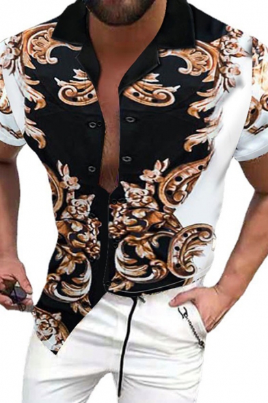 Men Casual Shirt Jacquard Printed Button up Short Sleeve Collarless Slim Fitted Shirt