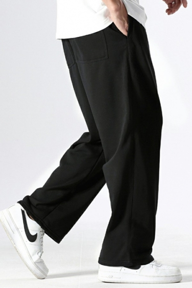 Men Leisure Sport Pants Pure Color Drawstring Waist Full Length Loose Straight Sweatpants