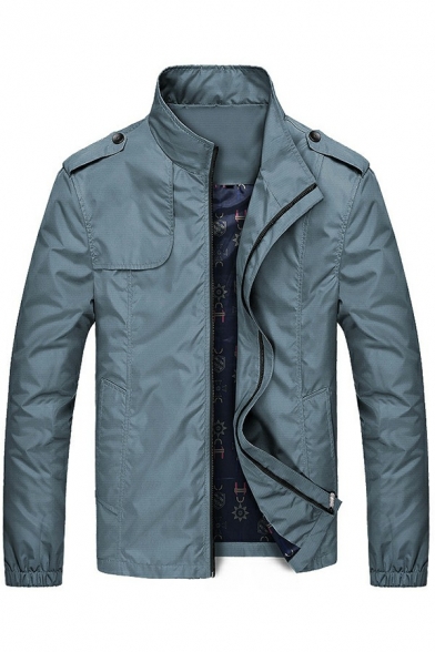 Men Modern Jacket Plain Button Decorated Long Sleeve Stand Collar Zip-Fly Loose Fitted Jacket