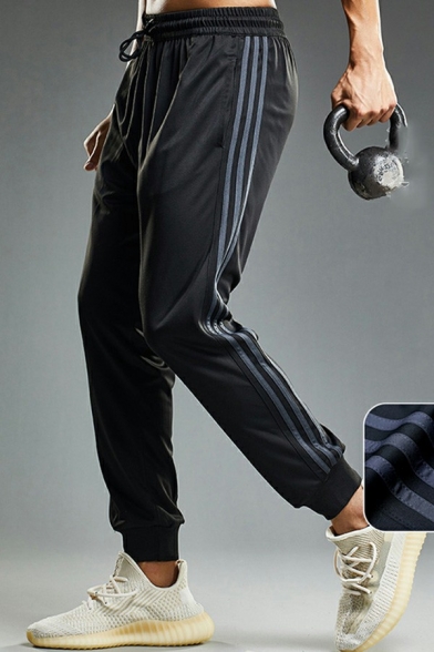 Men Modern Pants Stripe Print Drawstring Waist Mid-Rise Long Baggy Fit Track Pants