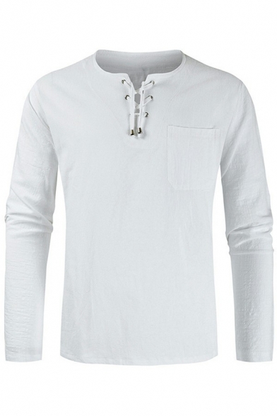 Men Modern Shirt Pure Color Lace Up V-neck Chest Pocket Long Sleeve Slim Fitted Shirt Top