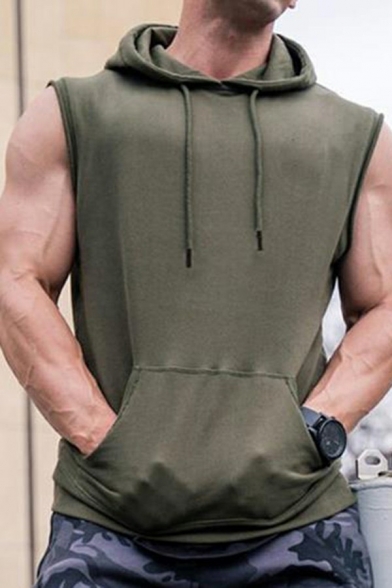 Men Modern Vest Pure Color Sleeveless Kangaroo Pocket Drawstring Hooded Fitted Vest