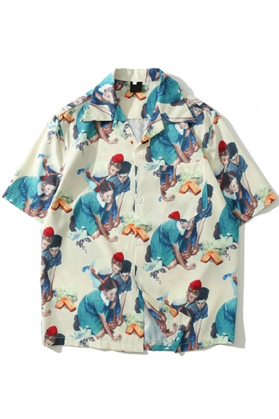 Men Unique Shirt All over Figure Print Button up Notch Collar Short Sleeves Fitted Shirt