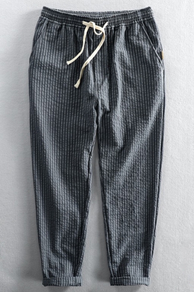 Mens Casual Pants Stripe Printed Drawstring Waist Ankle Length Tapered Pants